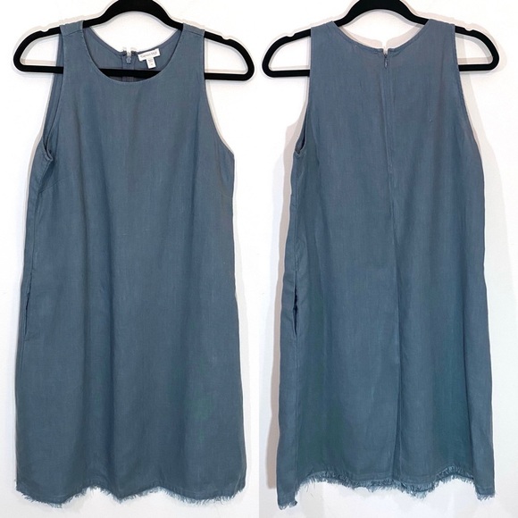 Garnet Hill Linen Fringe-Hem A-Line Dress Indigo Blue Grey - Picture 2 of 7